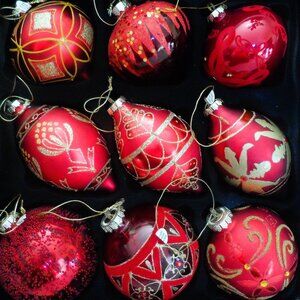 Christmas Glass Ornaments Hand Decorated Set (9 piece)- NEW